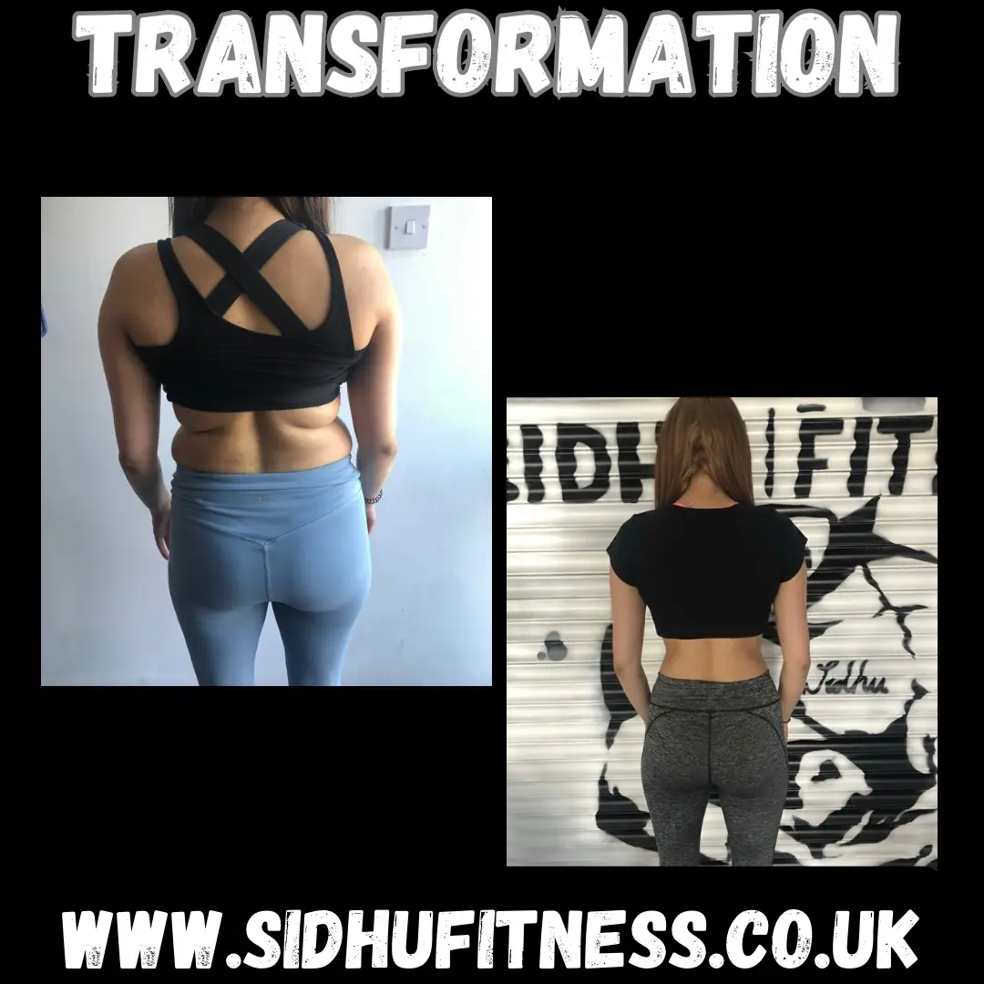 Female Sidhu Fitness client shown from the back before and after fat-loss and body-shaping coaching