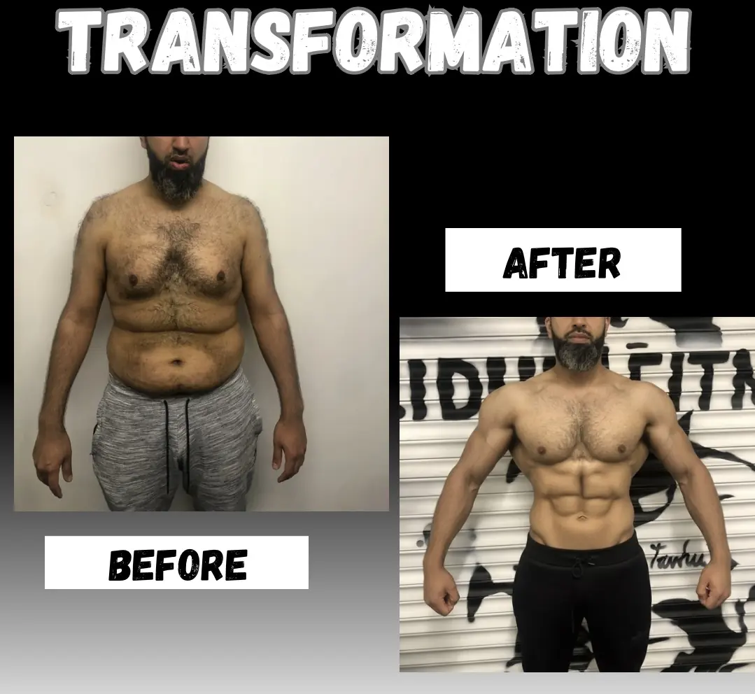 Male Sidhu Fitness client shown from the front before and after fat loss and muscle building