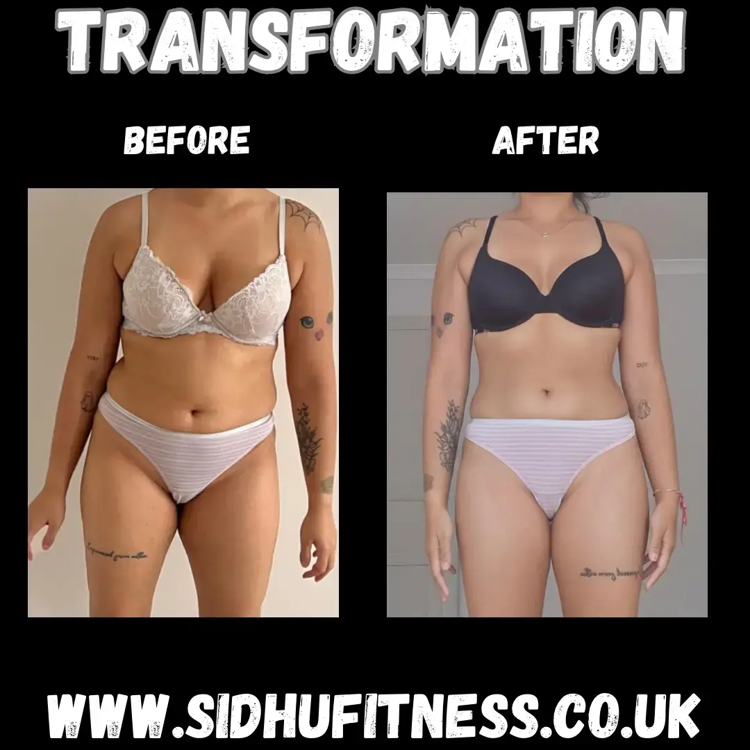 Female Sidhu Fitness client shown from the front before and after a tailored body-composition programme