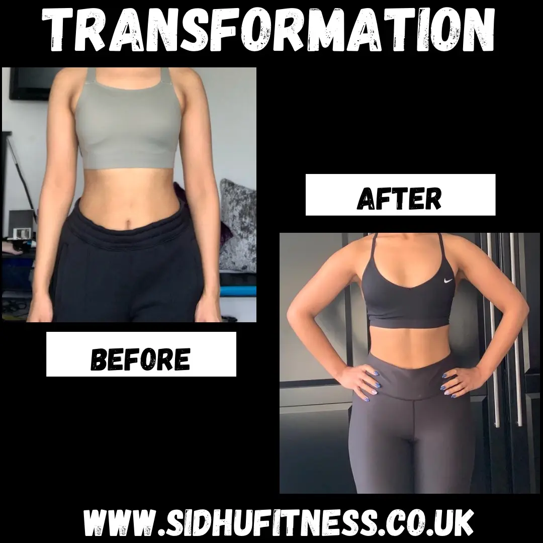Female Sidhu Fitness client shown from the front before and after improving waist and overall body definition