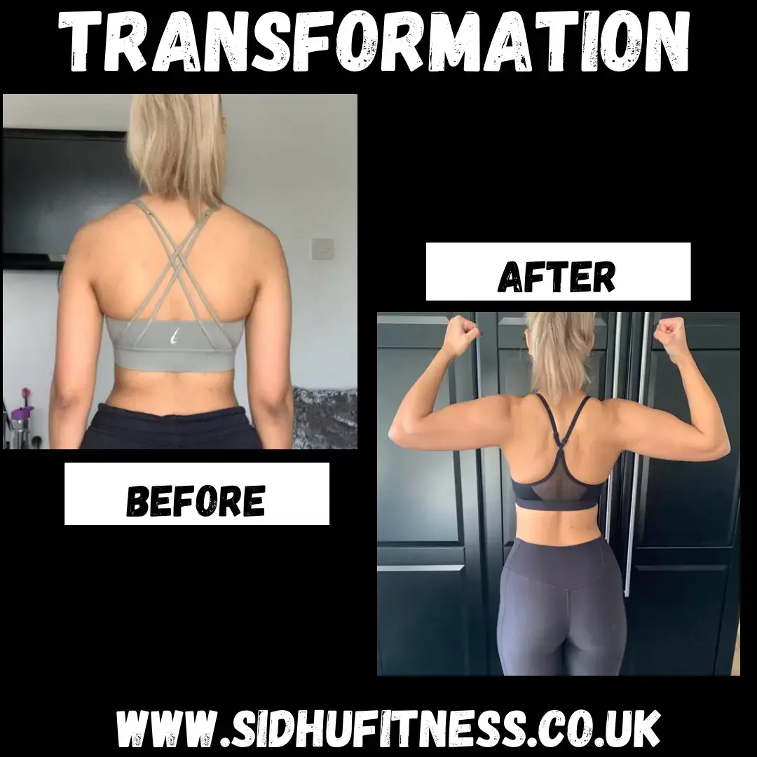 Female Sidhu Fitness client shown from the back before and after improving upper-body and waist definition