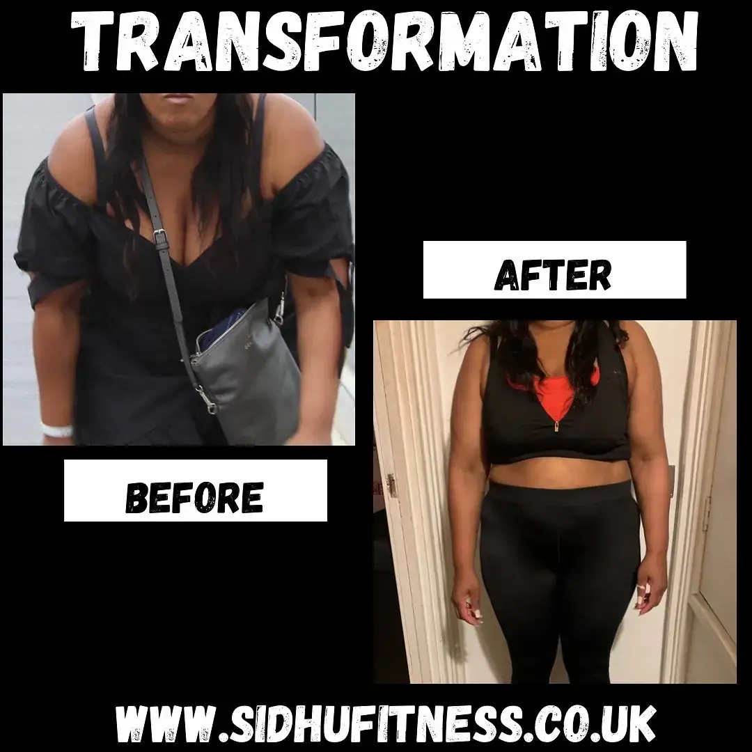 Female Sidhu Fitness client shown from the front before and after a structured body transformation