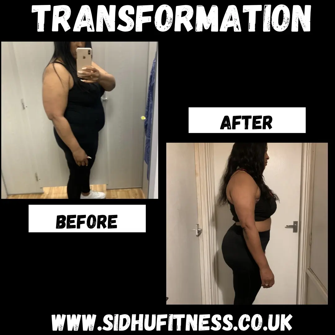 Female Sidhu Fitness client shown from the side before and after a structured body transformation