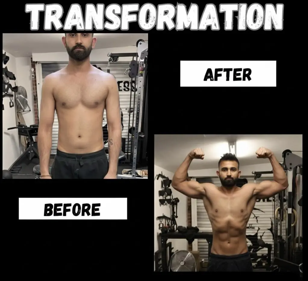 Male Sidhu Fitness client shown from the front before and after building a leaner more muscular physique