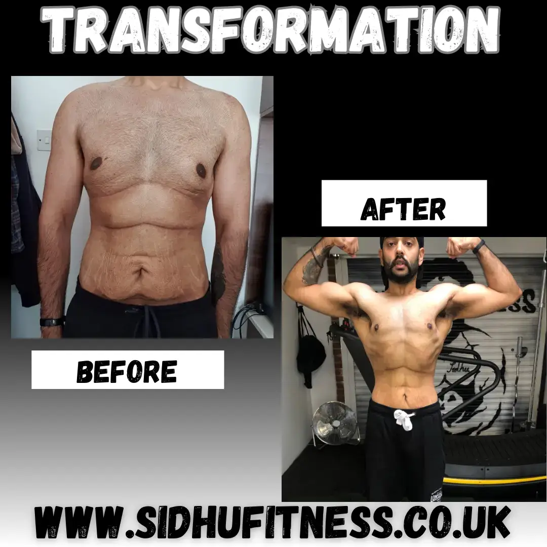 Male Sidhu Fitness client shown from the front before and after improving muscle and abdominal definition