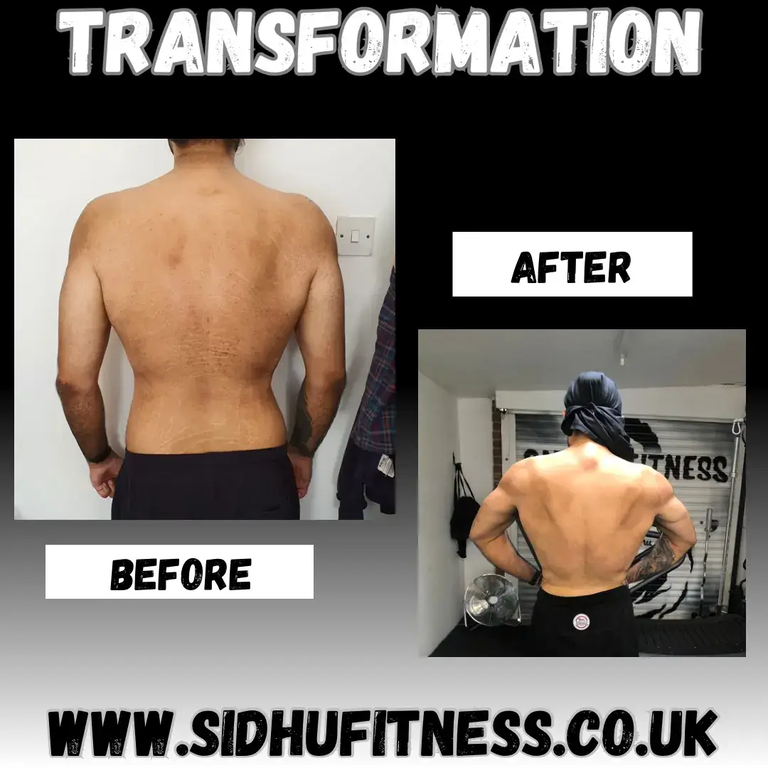 Male Sidhu Fitness client shown from the back before and after developing shoulder and back definition
