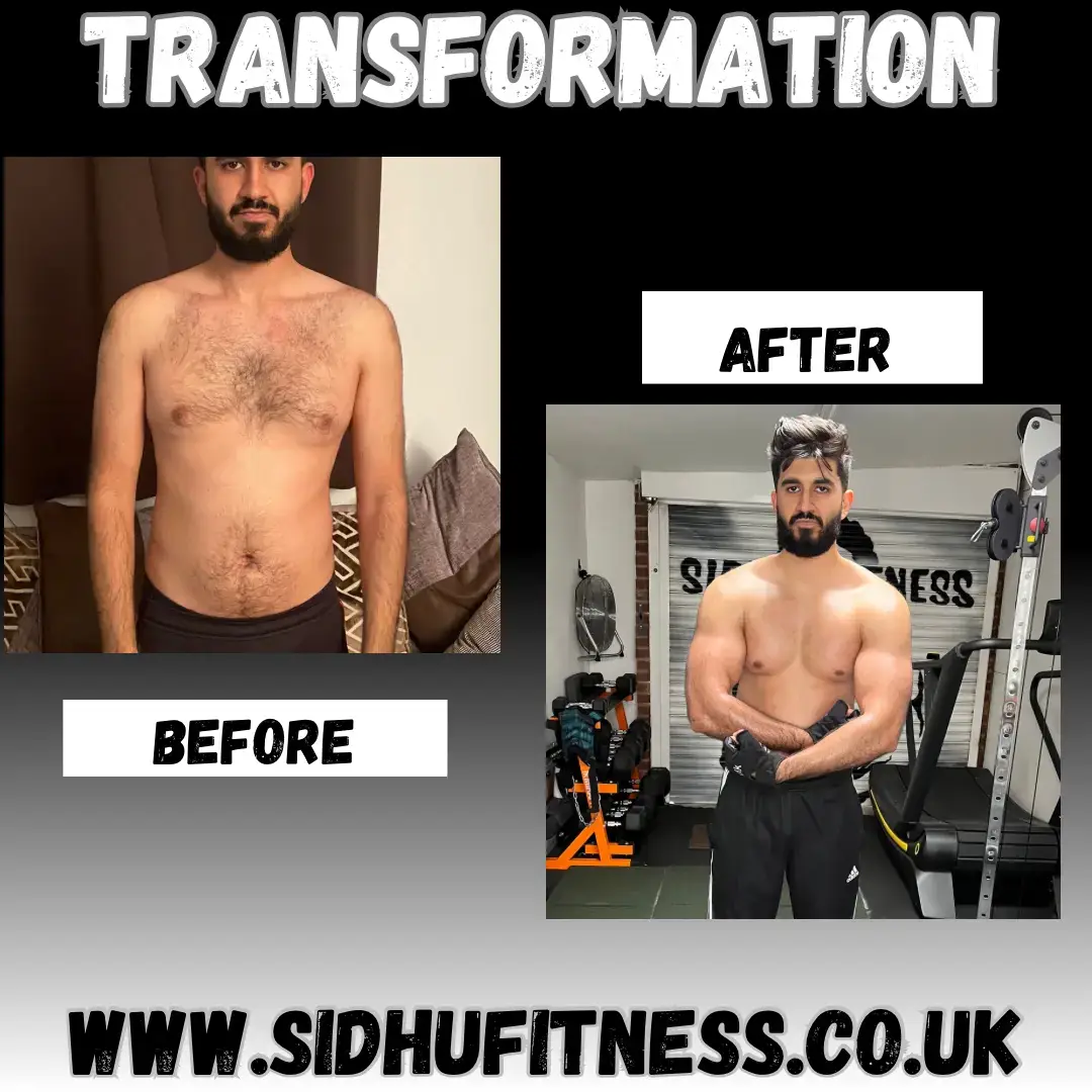 Male Sidhu Fitness client shown from the front before and after building a stronger more defined physique