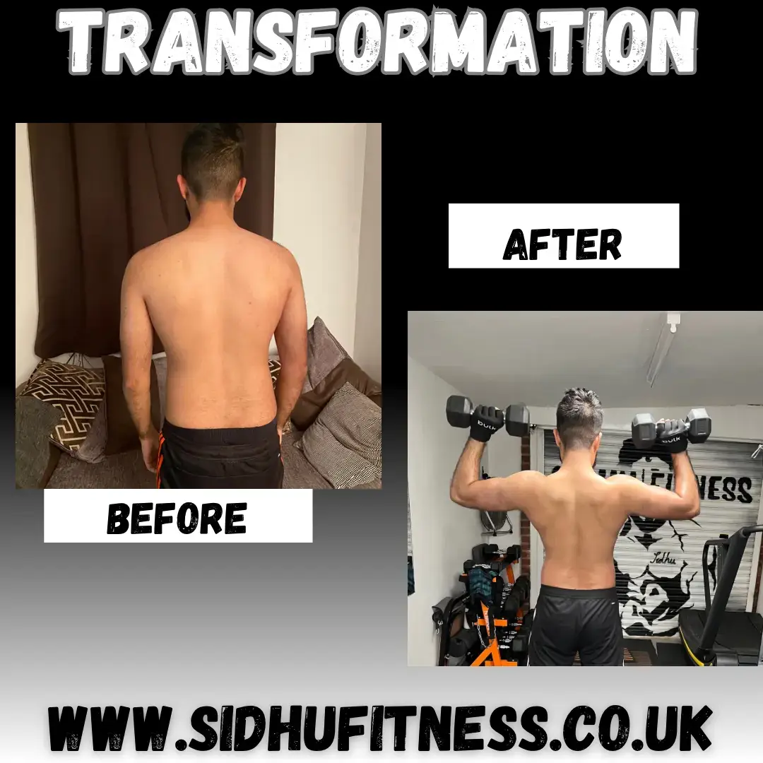 Male Sidhu Fitness client shown from the back before and after improving upper-body definition