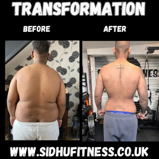 Male Sidhu Fitness client shown from the back before and after reducing body fat and improving back definition