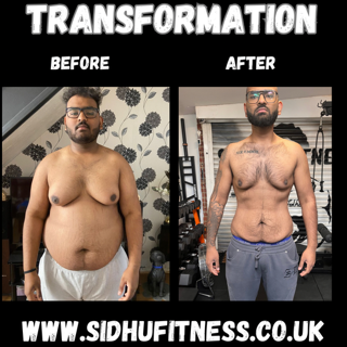 Male Sidhu Fitness client shown from the front before and after significant fat loss and improved waist definition