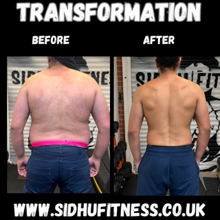 Male Sidhu Fitness client shown from the back before and after reducing body fat and developing a leaner back