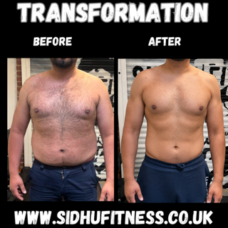 Male Sidhu Fitness client shown from the front before and after reducing body fat and improving waist and chest shape