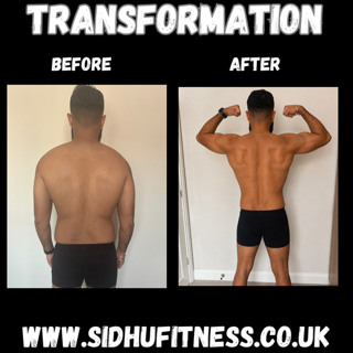 Male Sidhu Fitness client shown from the back before and after developing back shoulder and arm definition
