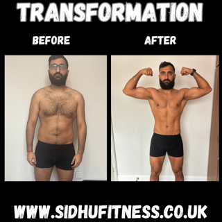 Male Sidhu Fitness client shown from the front before and after building a stronger leaner physique