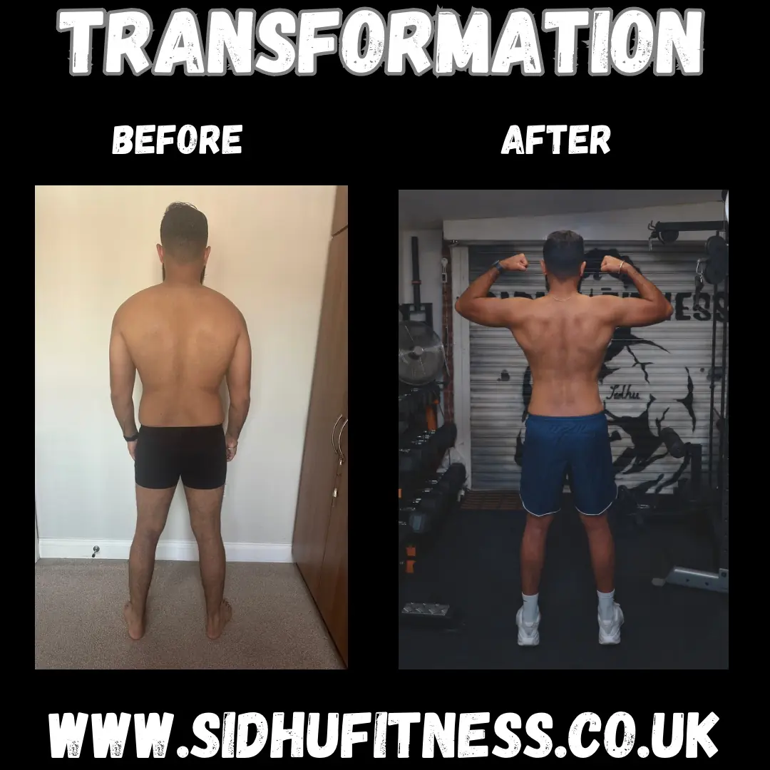 Male Sidhu Fitness client shown from the back before and after reducing body fat and developing broader shoulders and back definition