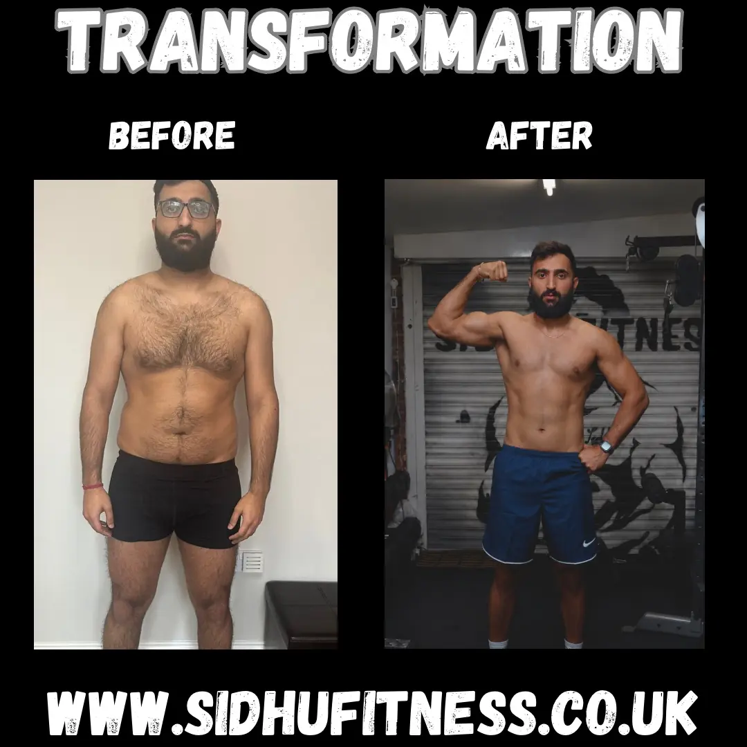 Male Sidhu Fitness client shown from the front before and after reducing body fat and developing greater chest arm and abdominal definition